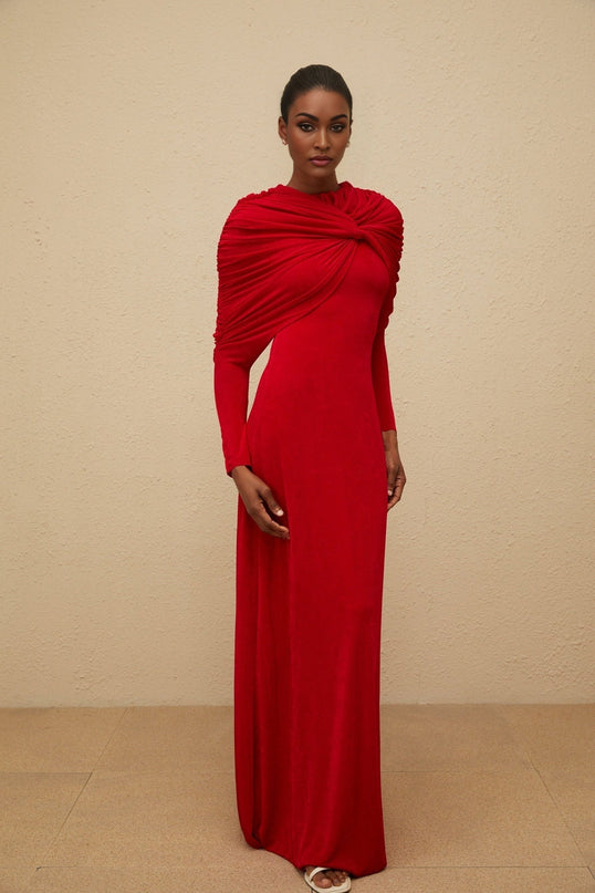 Red Stretch Cape Maxi Dress with Ruched Detailing
