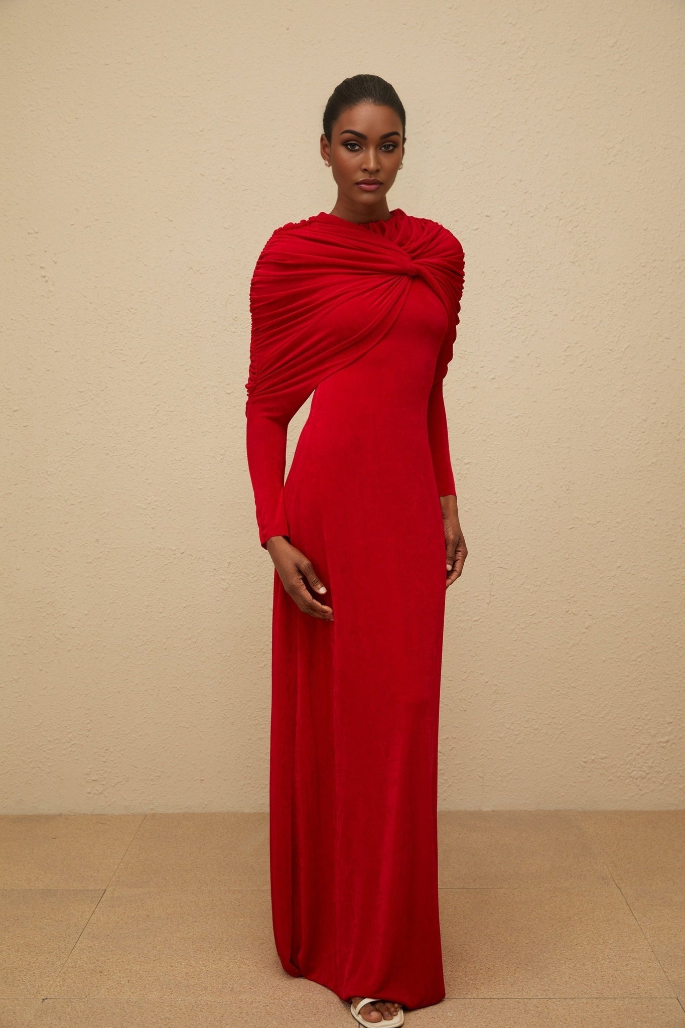Red Stretch Cape Maxi Dress with Ruched Detailing