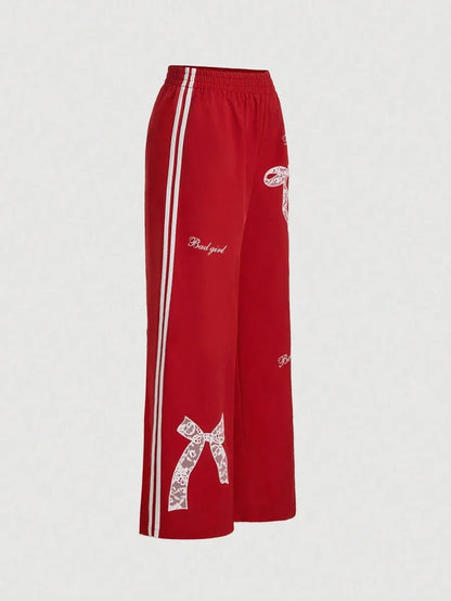 Red Sweatpants With Front Bow Print And Ribbon Decoration Autumn And Winter Trousers Going Out