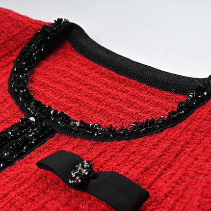 Red Tweed Chanel-Inspired Jacket and Skirt Set with Black Accents