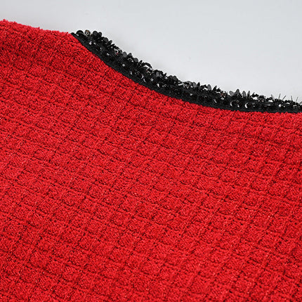 Red Tweed Chanel-Inspired Jacket and Skirt Set with Pocket Bows