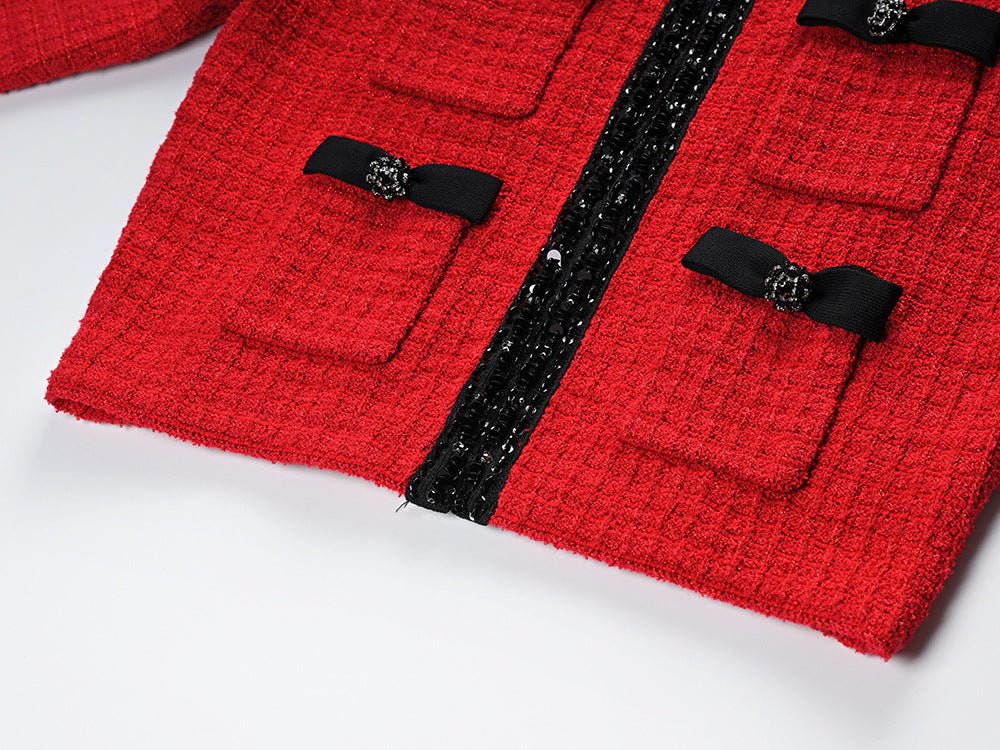 Red tweed Chanel-inspired set with black accents