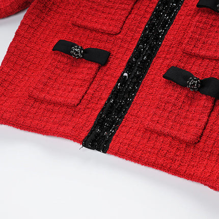 Red Tweed Chanel-Inspired Suit with Pocket Embellishments and Bows