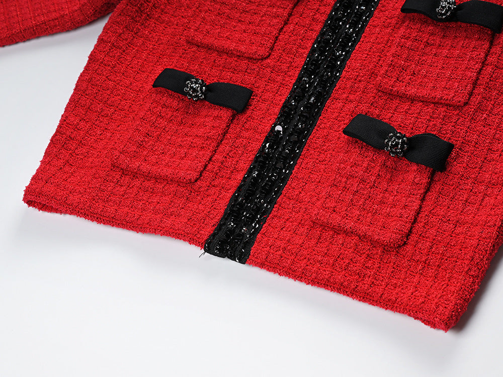 Red Tweed Chanel-Inspired Suit with Pocket Embellishments and Bows