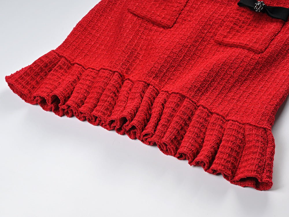 Red Tweed Chanel-Inspired Suit with Bow Embellished Pockets