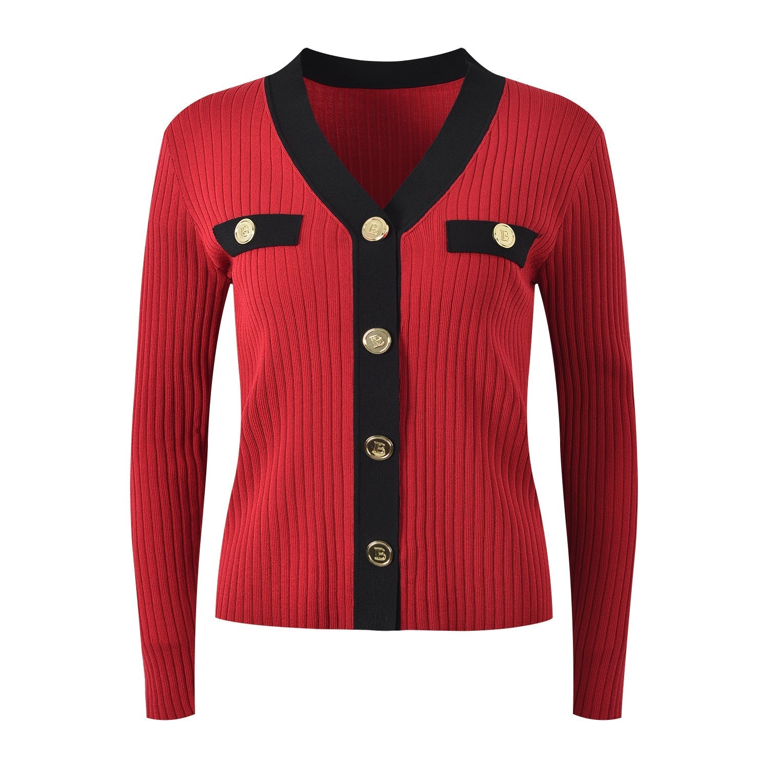 Red V-neck button-down with black accents and gold buttons