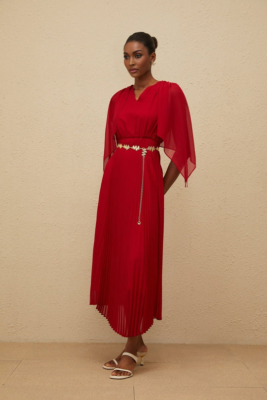 Red V-neck sleeveless maxi dress with cape design and chain-link detailing