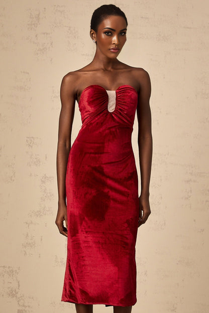 Red velvet midi dress with gathered details named Tiphaine