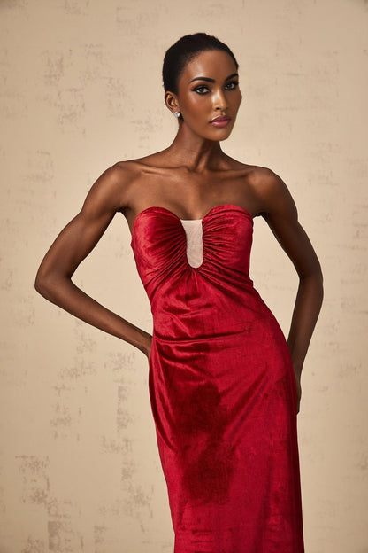 Red velvet midi dress with gathered details named Tiphaine