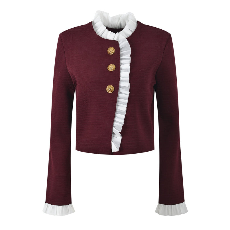 Red vintage-inspired cropped burgundy blazer with gold buttons