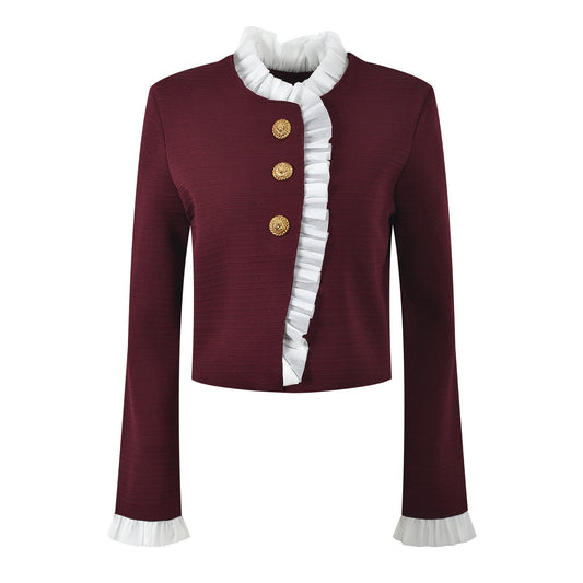 Red vintage-inspired cropped burgundy blazer with gold buttons