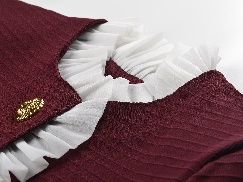 Red Vintage-Inspired Ruffled Blouse with Gold Button Accents