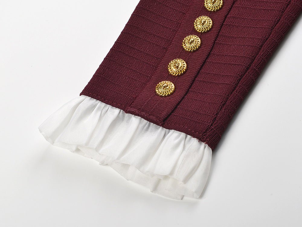 Red Vintage Inspired Ruffled Front Blouse with Gold Button Accents