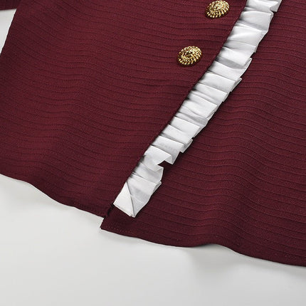 Red Vintage-Inspired Ruffled Front Cropped Jacket with Gold Button Accents