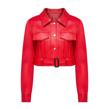 Jane wearing Red Vintage Leather Bomber Jacket
