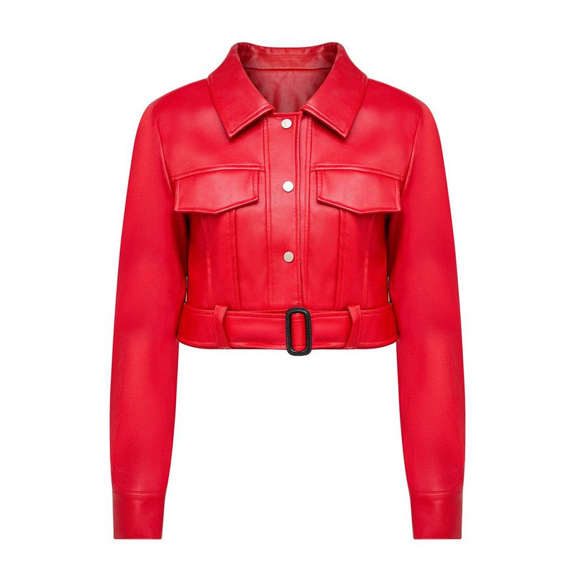 Jane wearing Red Vintage Leather Bomber Jacket