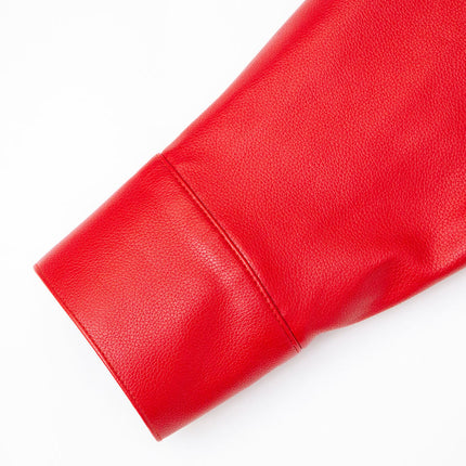 Woman wearing Red Vintage Leather Bomber Jacket