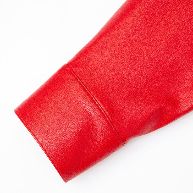 Woman wearing Red Vintage Leather Bomber Jacket