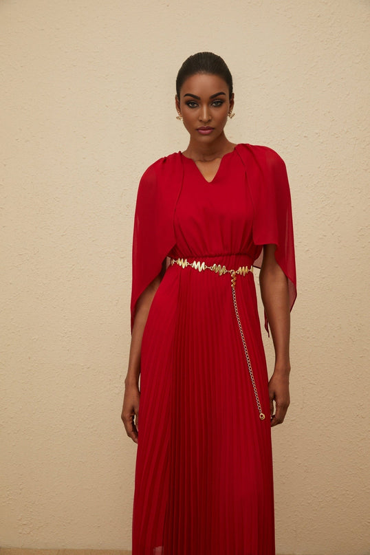 Red V-neck sleeveless maxi dress with cape design and chain-link detailing