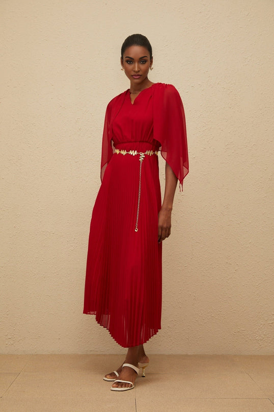 Red V-neck sleeveless maxi dress with cape design and chain-link detailing