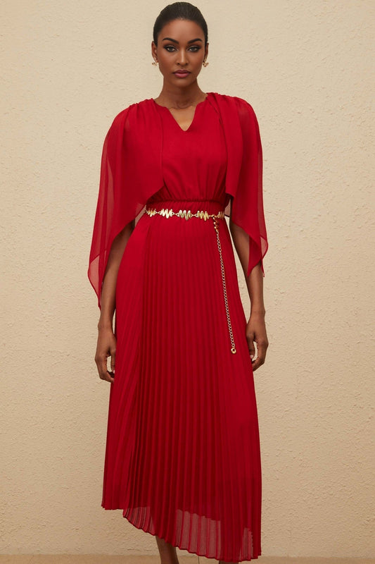 Red V-neck sleeveless maxi dress with cape design and chain-link detailing