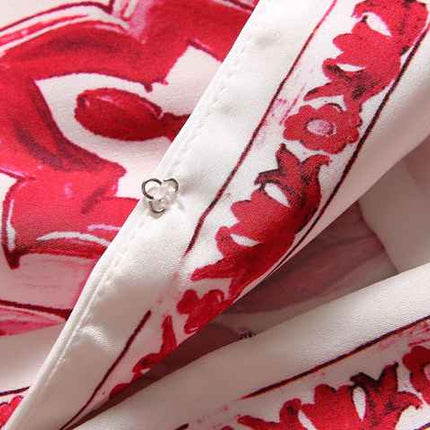 Red and white bohemian maxi dress with baroque print