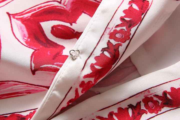 Red and white bohemian maxi dress with baroque print