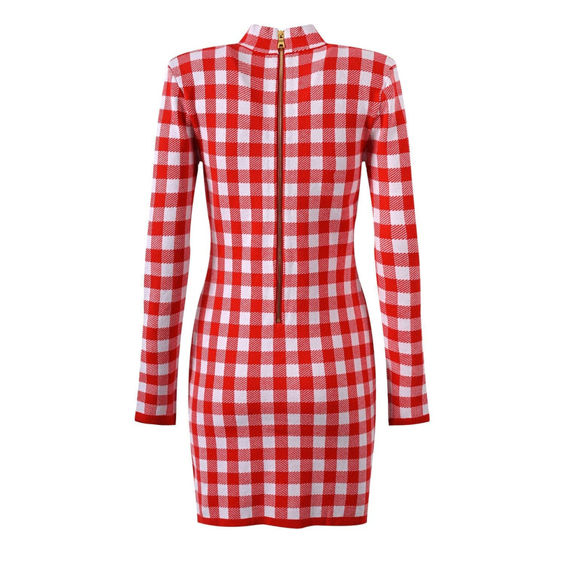 Red and white checkered tailored blazer with gold-tone buttons