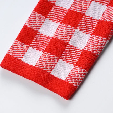 Red and white checkered slim fit blazer with gold-tone embossed buttons