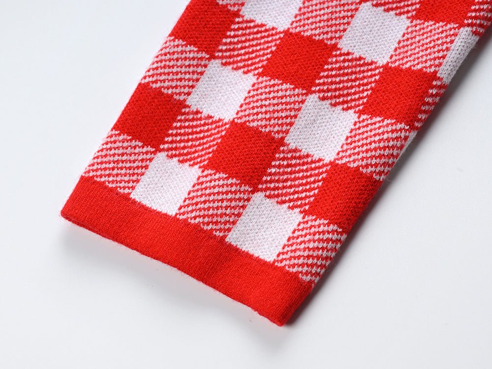 Red and white checkered slim fit blazer with gold-tone embossed buttons