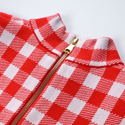 Red and white checkered tailored blazer with gold-tone buttons