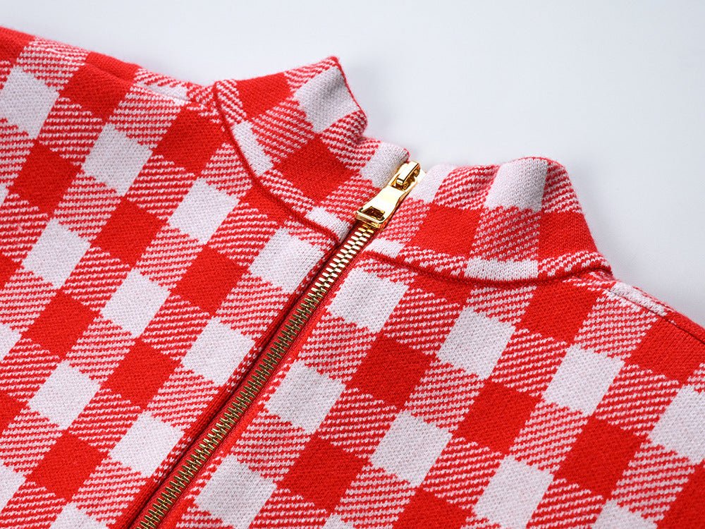 Red and white checkered tailored blazer with gold-tone buttons