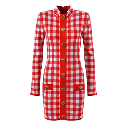 Red and white gingham tailored blazer with gold-tone embossed buttons and faux pockets