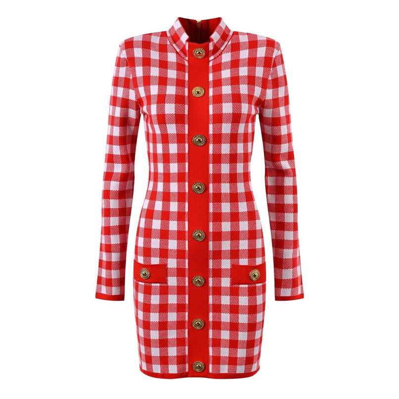 Red and white gingham tailored blazer with gold-tone embossed buttons and faux pockets