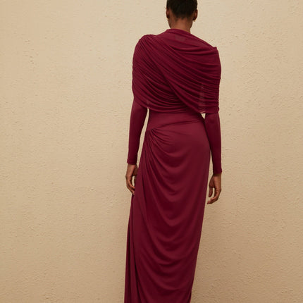 Red wine mesh shawl asymmetrical dress with pleated and draped detailing
