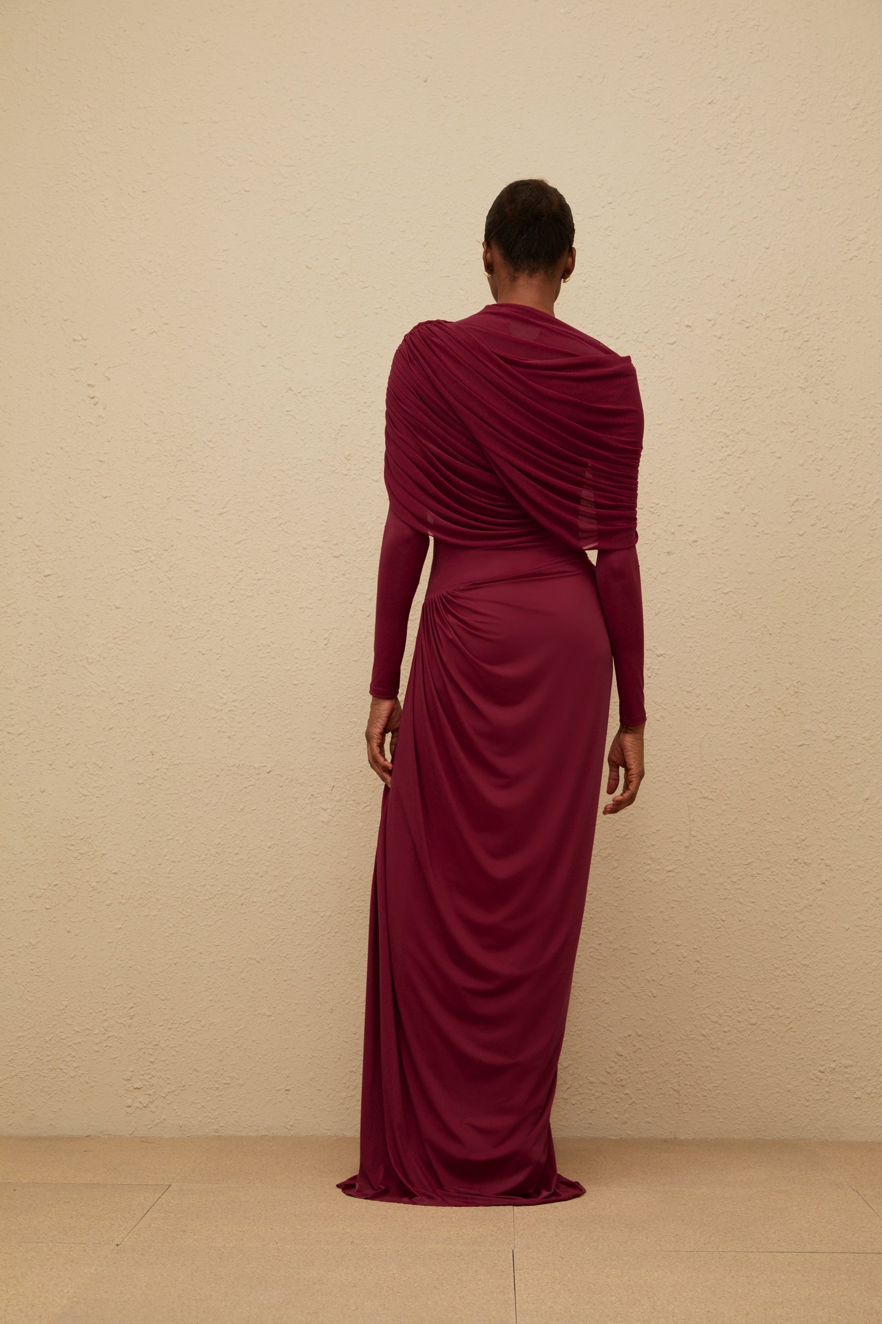 Red wine mesh shawl asymmetrical dress with pleated and draped detailing