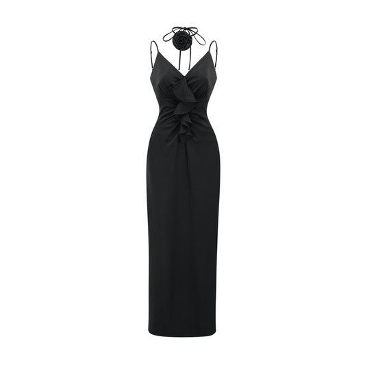 Black anklelength dress with spaghetti straps and a flower decoration at the neck sleeveless with an open back made of 100% Polyester