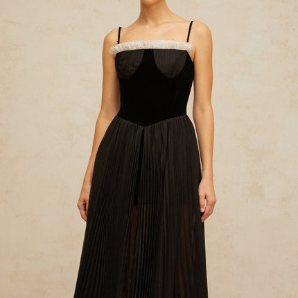 Remi Black Velvet Panel Midi Dress with Ruffled Trim Pleated Detailing and High Slit