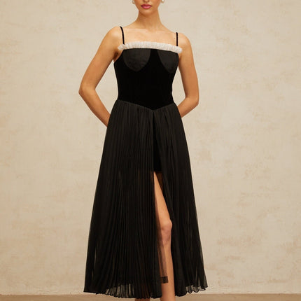 Remi Black Velvet Panel Midi Dress with Ruffled Trim Pleated Detailing Puff Skirt High Slit Spaghetti Straps and Rear Zip Fastening