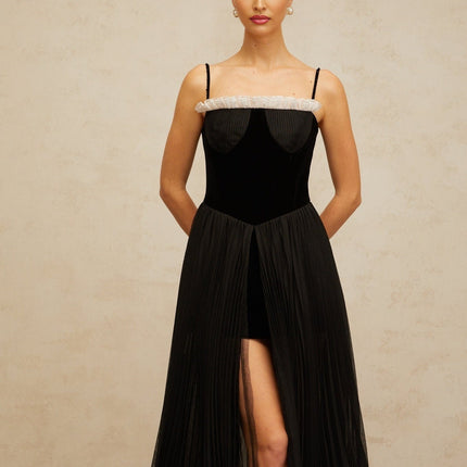 Remi Black Velvet Panel Midi Dress with Ruffled Trim