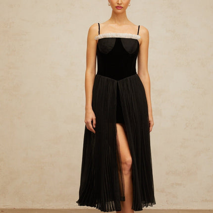 Remi Black Velvet Panel Midi Dress with Ruffled Trim Pleated Puff Skirt High Slit Cinched Waist Spaghetti Straps Rear Zip Fastening 100% Terylene Fiber Elegant Sophisticated Special Occasion Dress