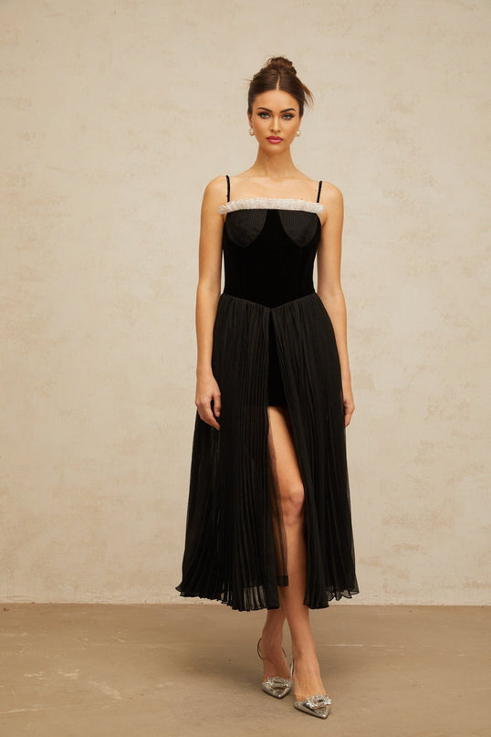 Remi Black Velvet Panel Midi Dress with Ruffled Trim Pleated Puff Skirt High Slit Cinched Waist Spaghetti Straps Rear Zip Fastening 100% Terylene Fiber Elegant Sophisticated Special Occasion Dress