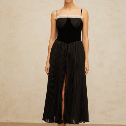 Remi Black Velvet Panel Midi Dress with Ruffled Trim and High Slit