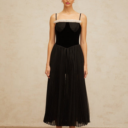 Remi Black Velvet Panel Ruffled Trim Midi Dress