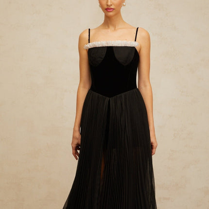 Remi Black Velvet Ruffle Trim Midi Dress