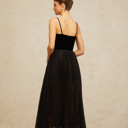 Remi Black Velvet Ruffled Trim Midi Dress