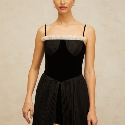 Remi Black Velvet Ruffled Trim Midi Dress