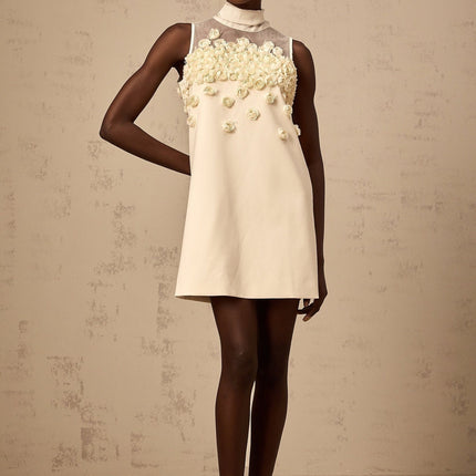 Remi Mini Dress Neutrals Sleeveless Faux-Flower Embellishment A-Line Silhouette Thigh Length Rear Zip Fastening 98% Terylene 2% Spandex