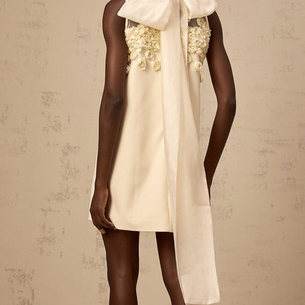Remi Neutrals Mini Dress with faux-flower embellishment and bow detailing