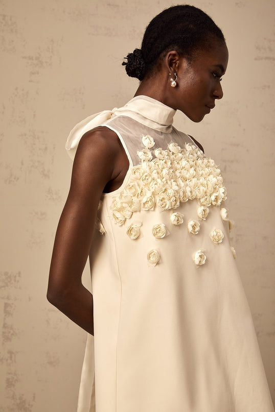 Remi Neutrals Mini Dress with faux-flower embellishment and bow detailing